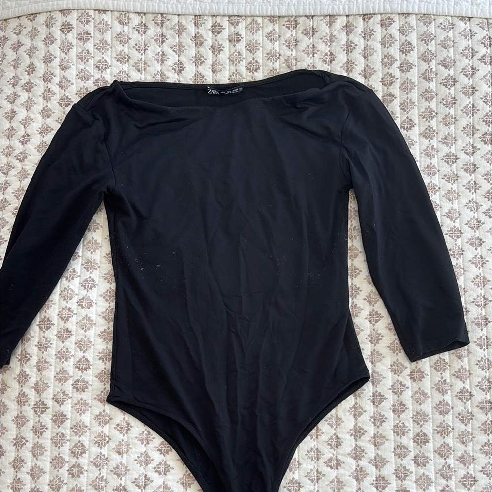 Zara Open Neck Black Quarter Sleeve Bodysuit